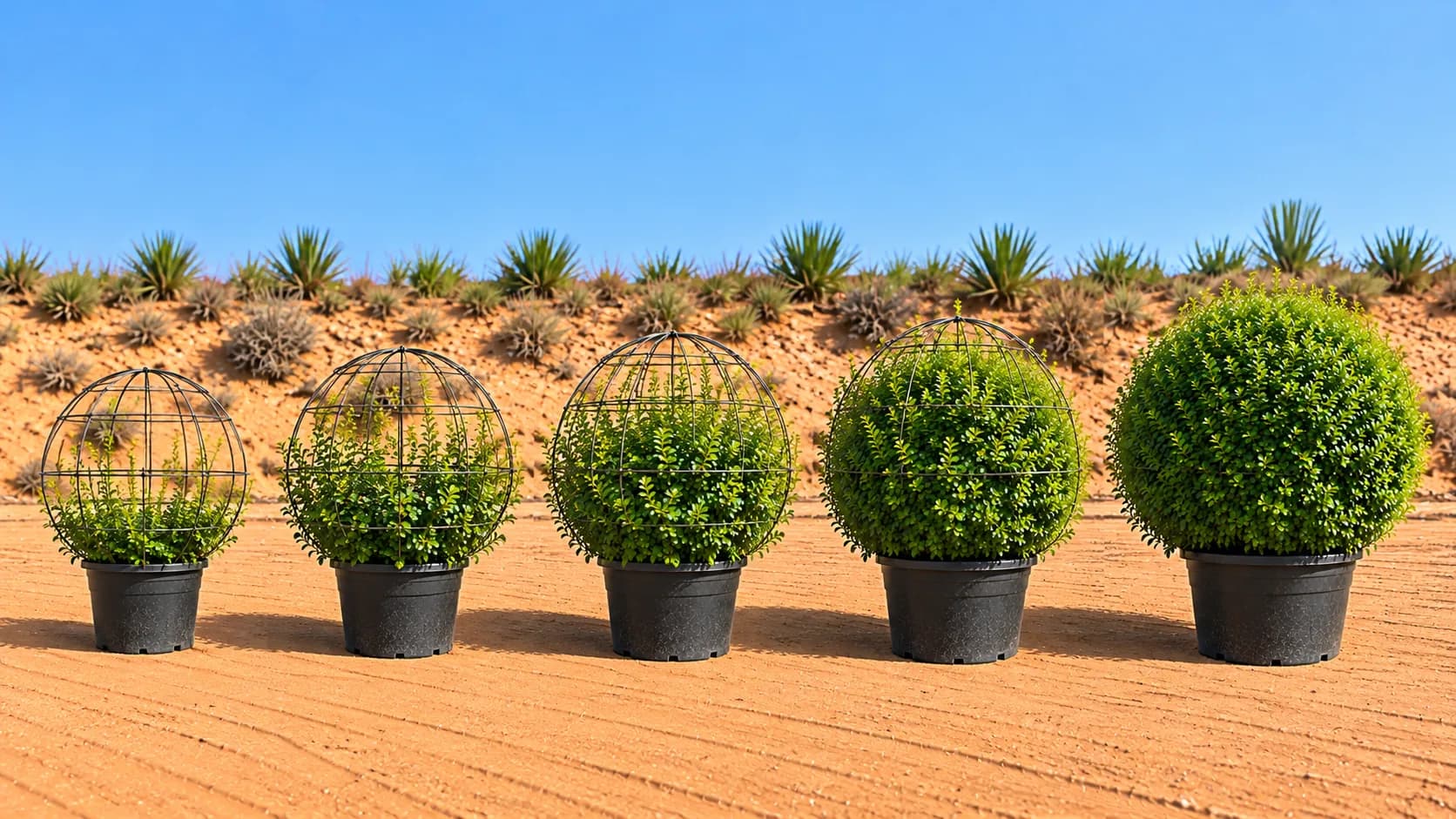 Ehretia ball plants at five growth stages in full sun